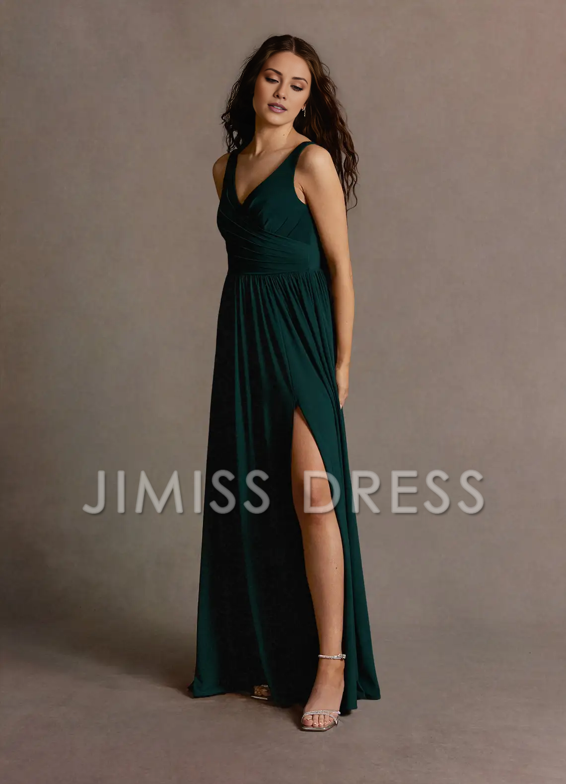 Jimiss slim shoulder strap V-neck side slit and floor length Prom dress