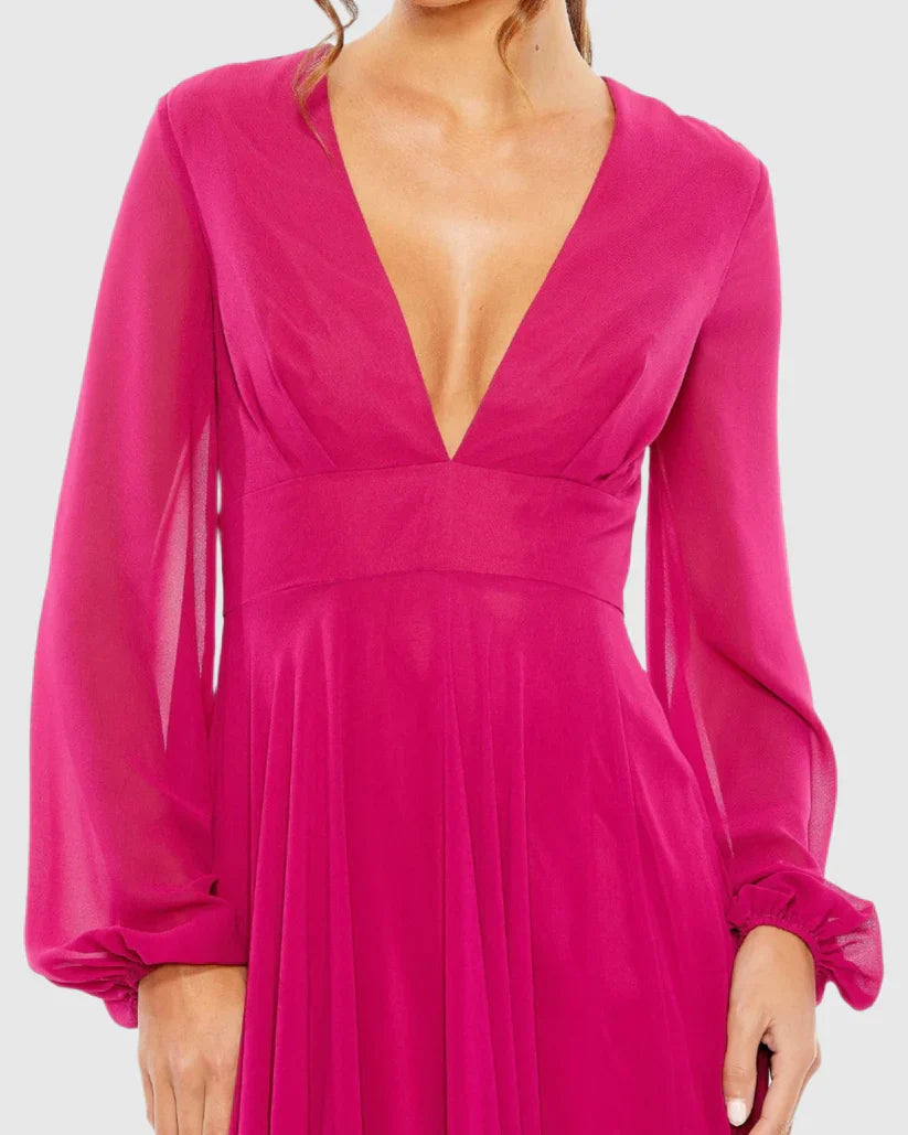 V-neck phantom long sleeve chiffon side slit floor-length evening dress