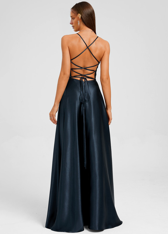 A-line V-neck floor-length pleated satin prom dress