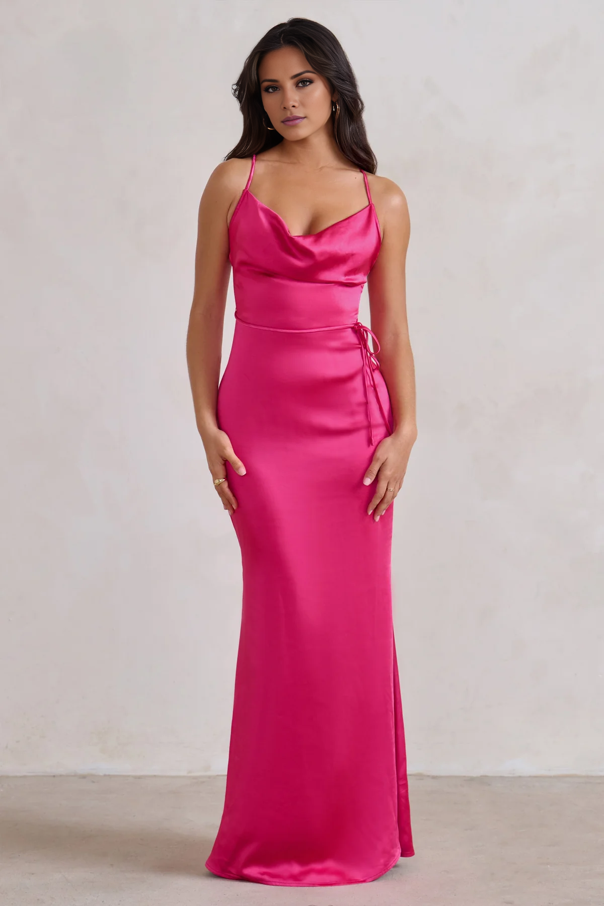 Thin shoulder strap satin cross back and floor length evening dress - Jimiss Dress
