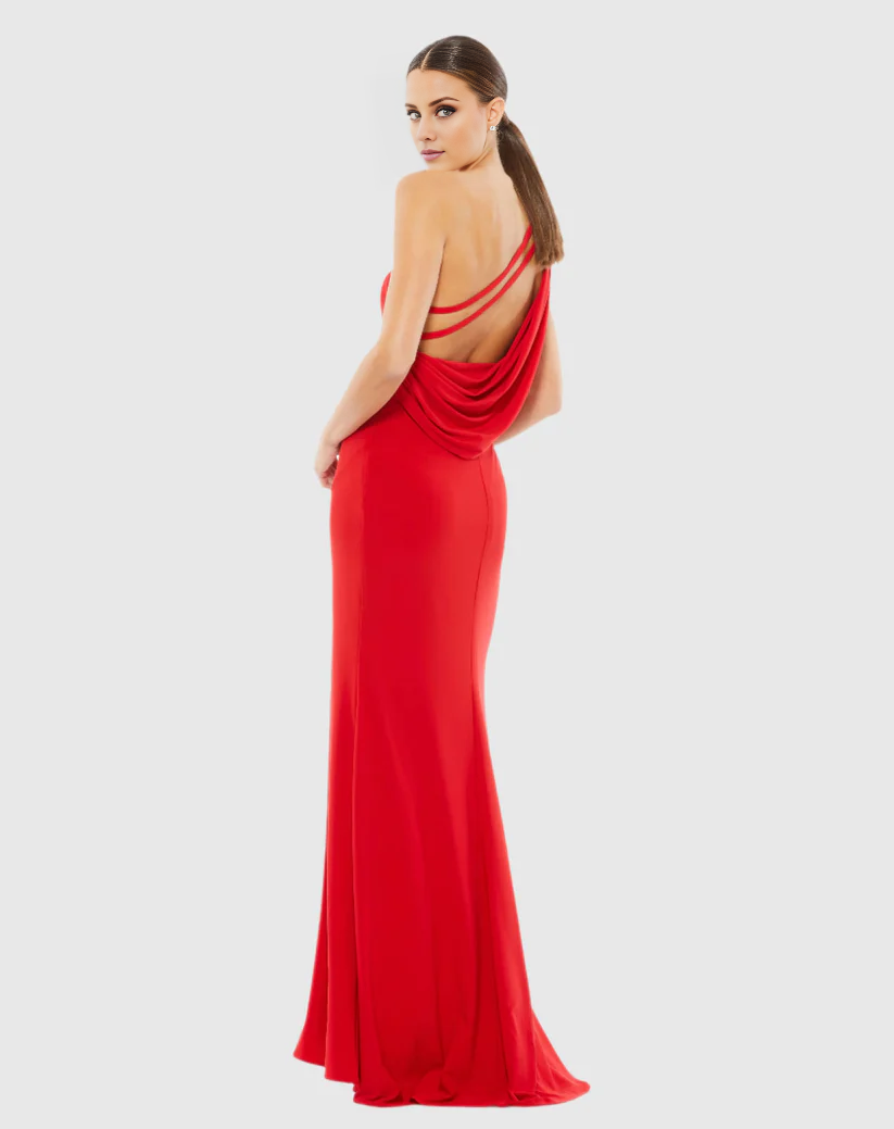 One shoulder neckline sleeveless side slit floor length evening dress