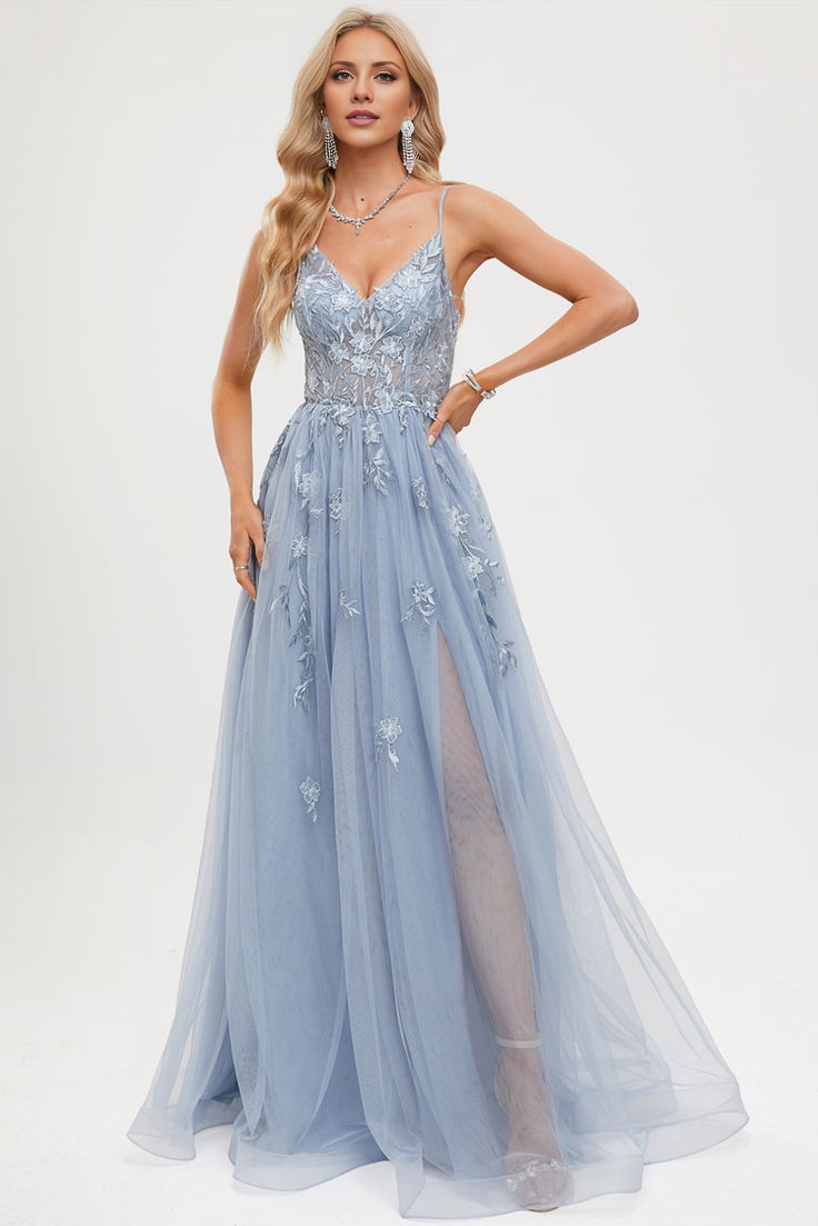 A-line V-neck thin shoulder strap and floor chiffon evening gown