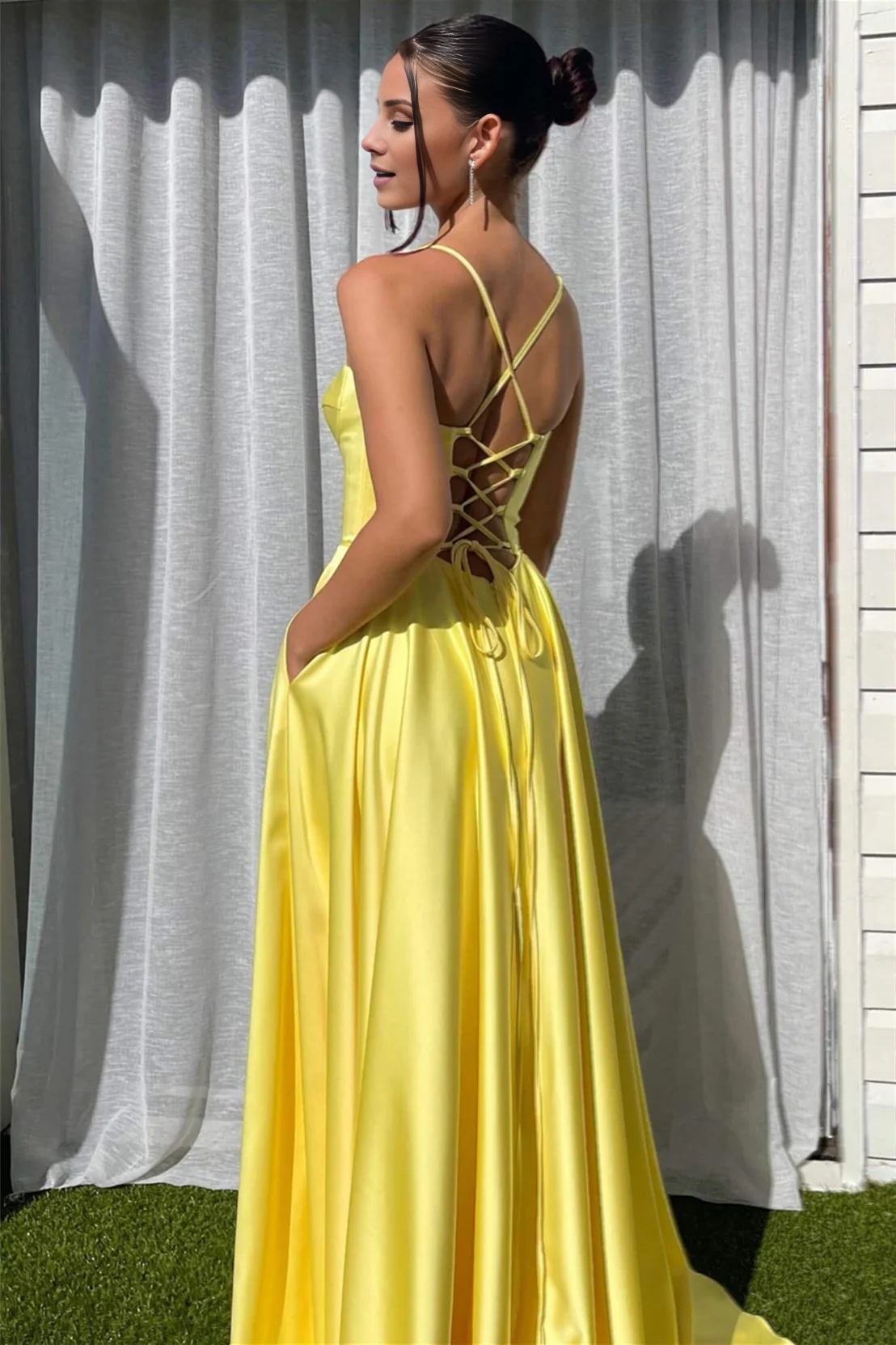 Jimiss thin shoulder strap yellow A-line slit long Prom dress