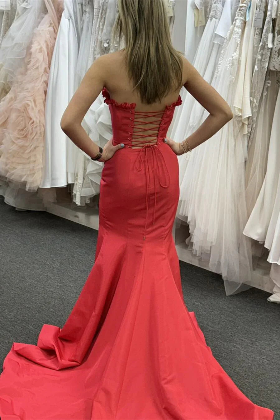 Jimiss off shoulder red satin slit with fish tail long dress