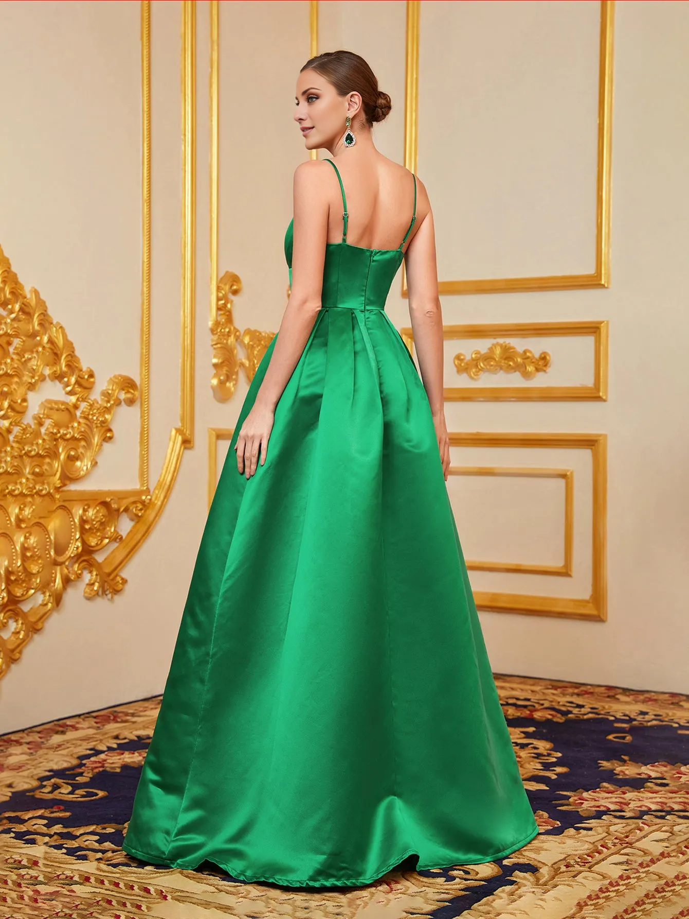 A-line satin thin shoulder strap side slit and floor length formal dress