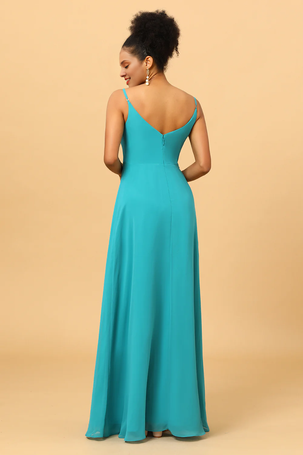 Jade colored thin shoulder strap long chiffon bridesmaid dress