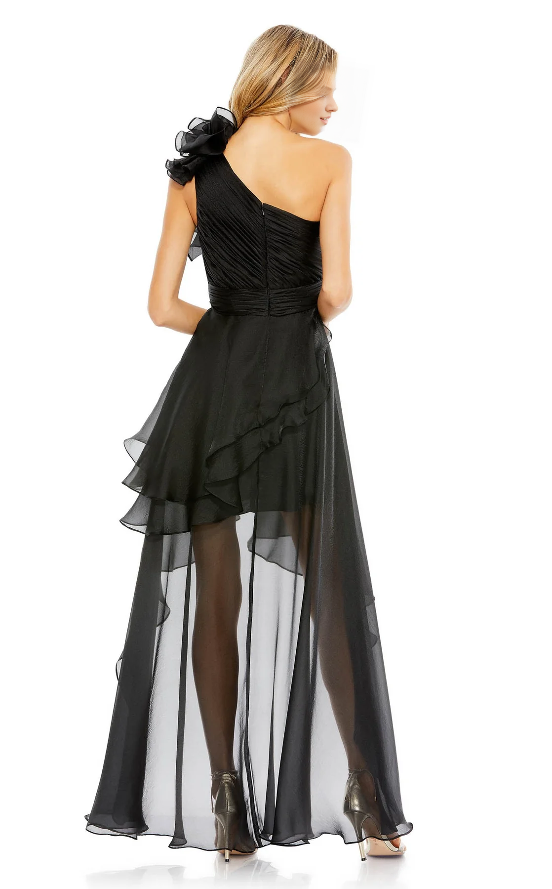 One shoulder collar tight corset with ruffled edges and floor length evening dress