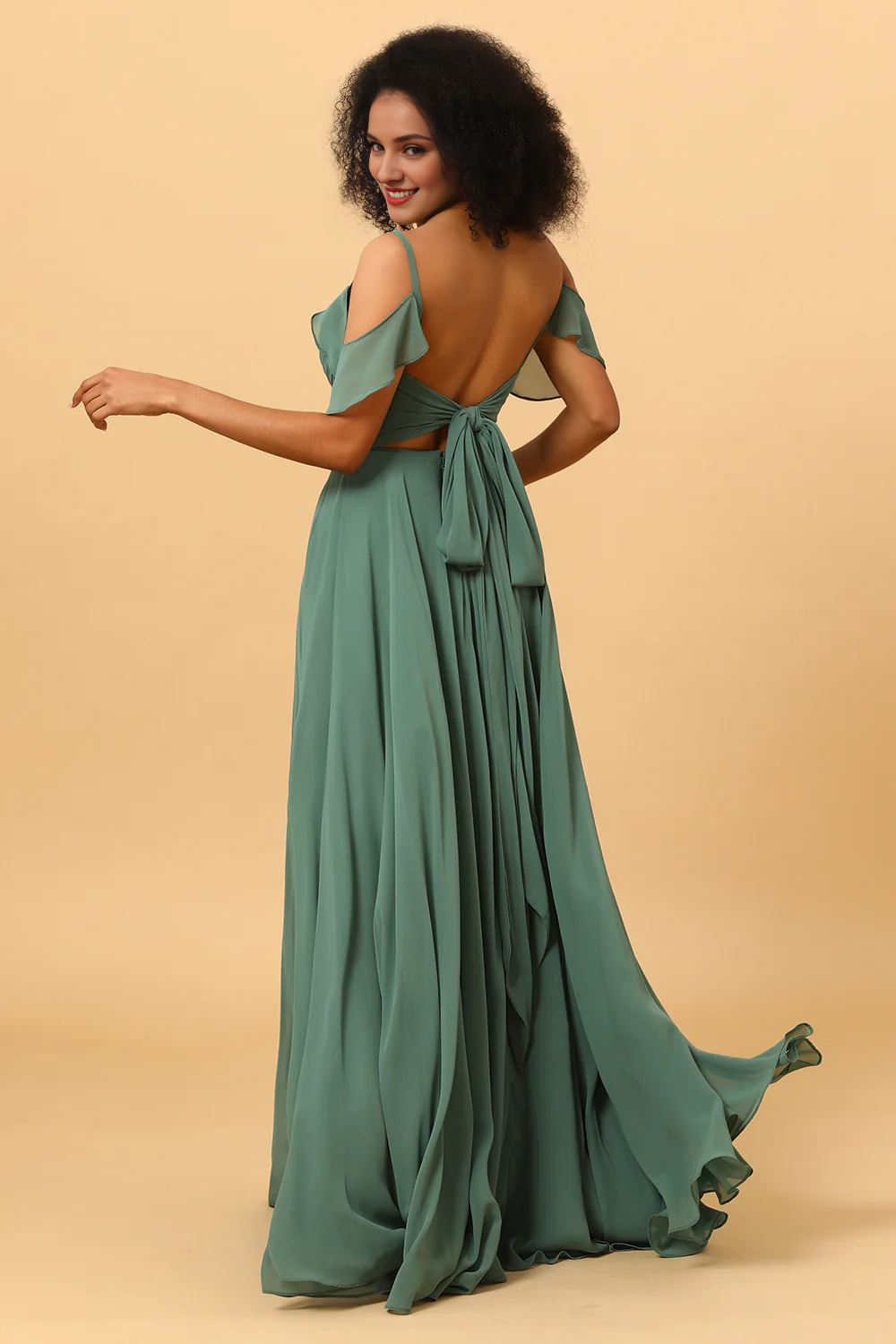 Eucalyptus A-line slim shoulder strap long slit chiffon bridesmaid dress