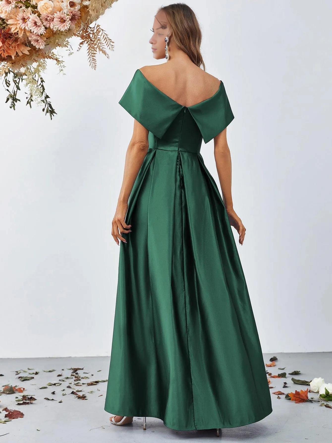 A-line off shoulder pleated detail satin and floor length formal dress