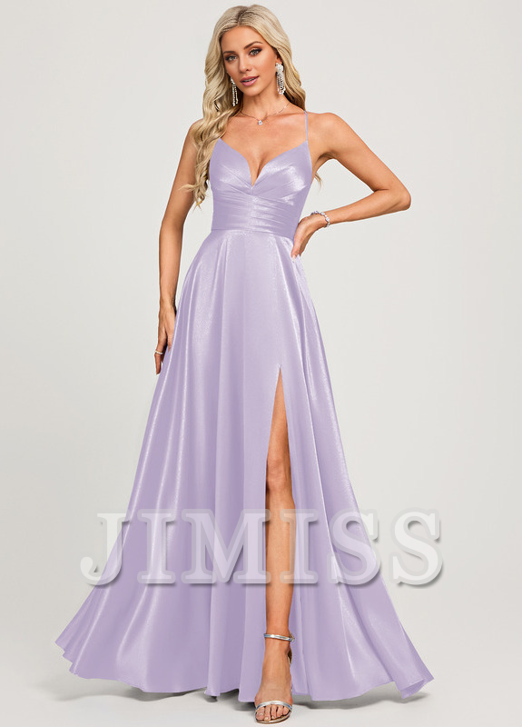 A-line V-neck floor-length pleated satin prom dress