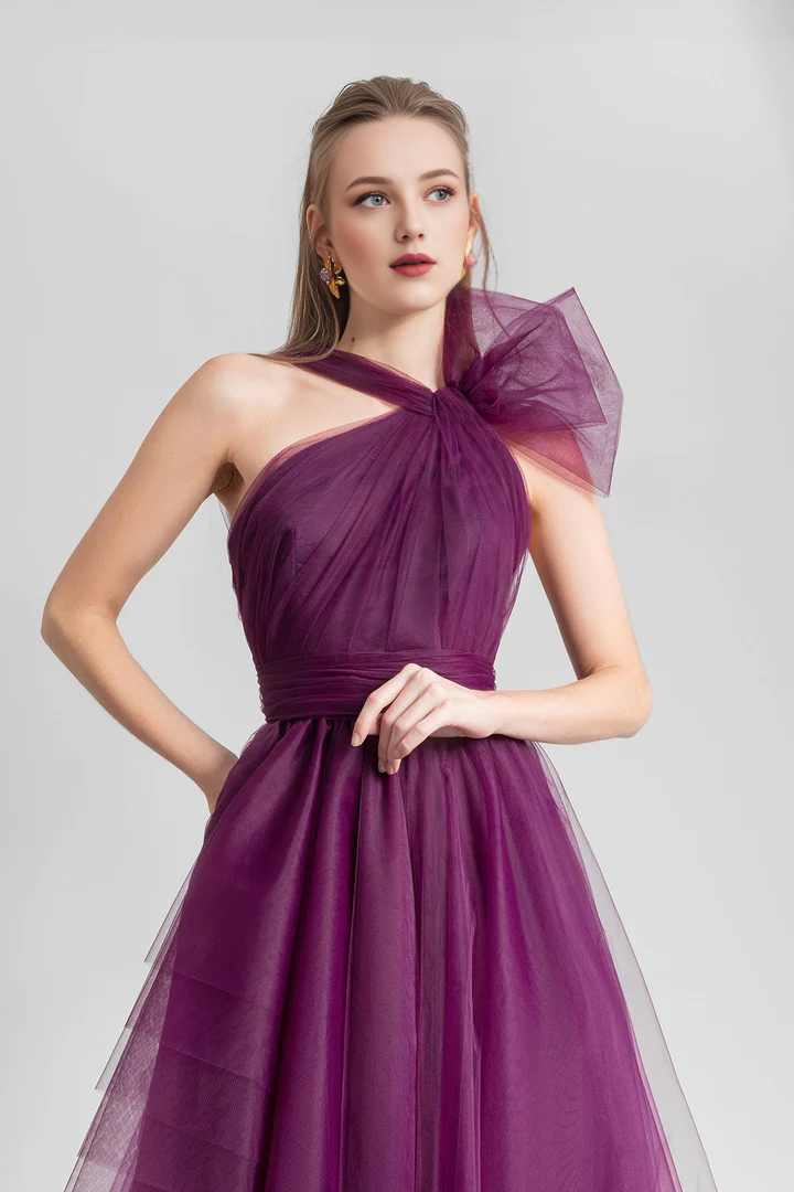Asymmetric collar pleats and floor length gowns even dresses