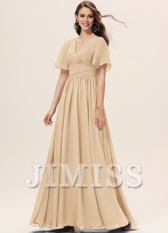 Ruffled A-line V-neck Floor-length Chiffon Bridesmaids Dress