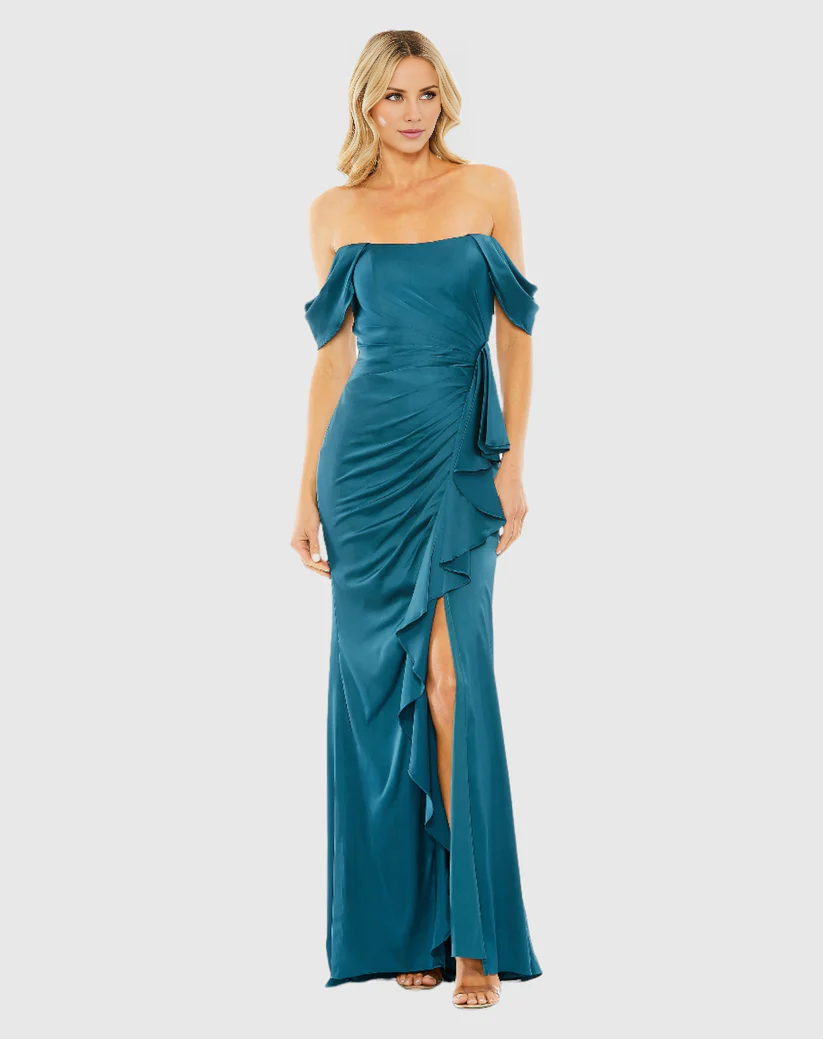 Off-the-shoulder corset with side slits floor-length evening dress