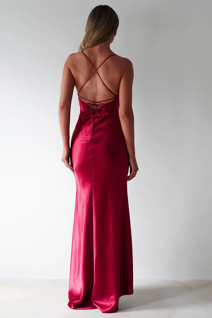 Thin shoulder strap with exposed back side slit and floor length Prom Dress - Jimiss Dress