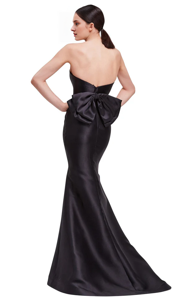 Off shoulder straight neckline, back bow and floor length evening gown