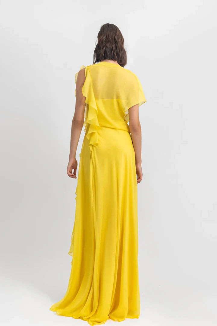 Asymmetric horn chiffon and ground length gowns evening dresses