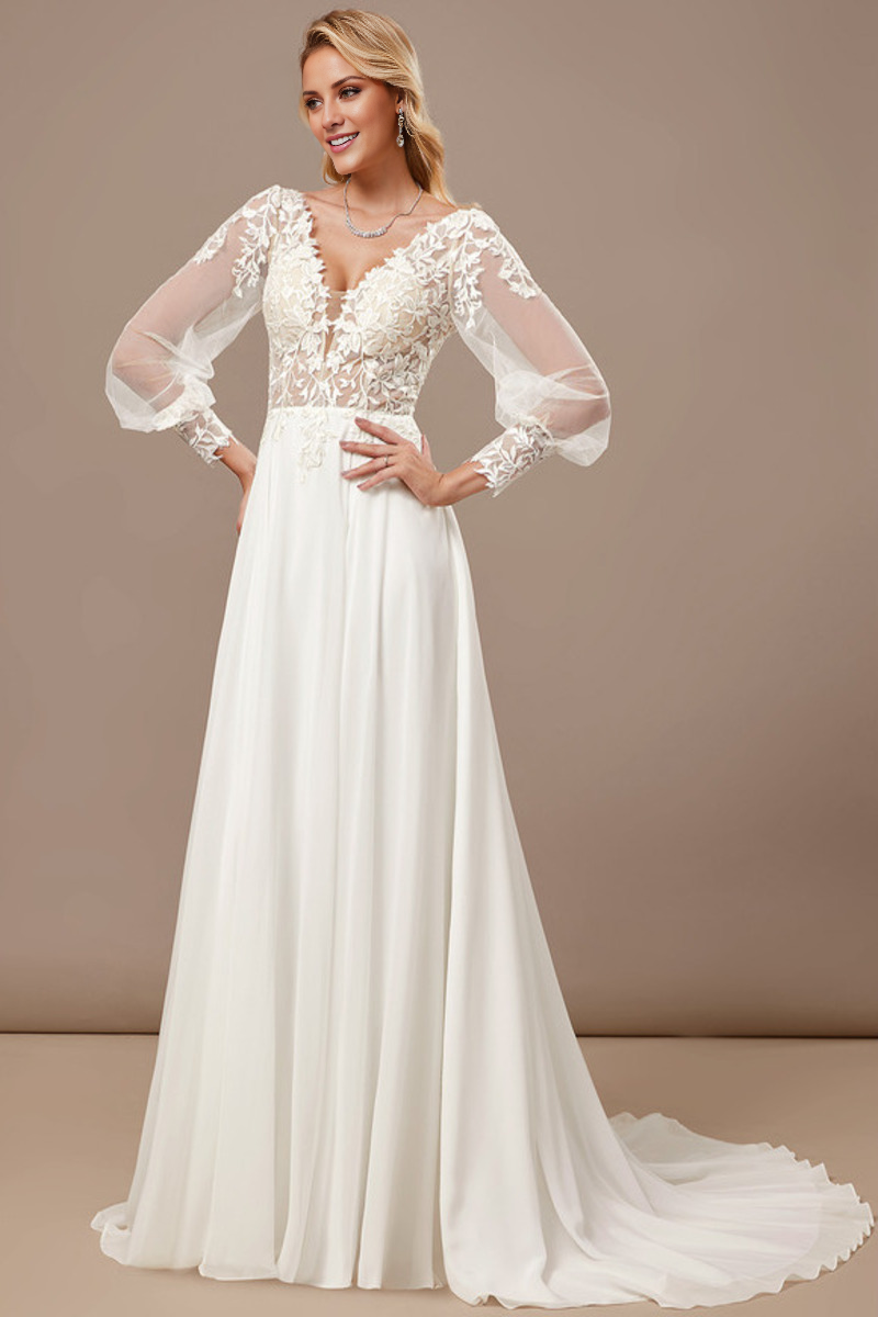 A-line V-neck palace trailing long sleeved lace chiffon wedding dress
