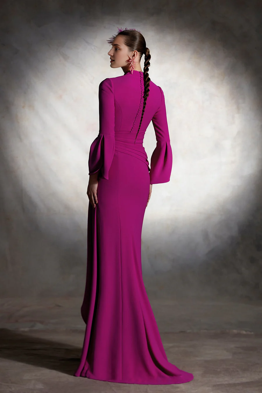 Side ruffled crepe and ground length gown evening dresses