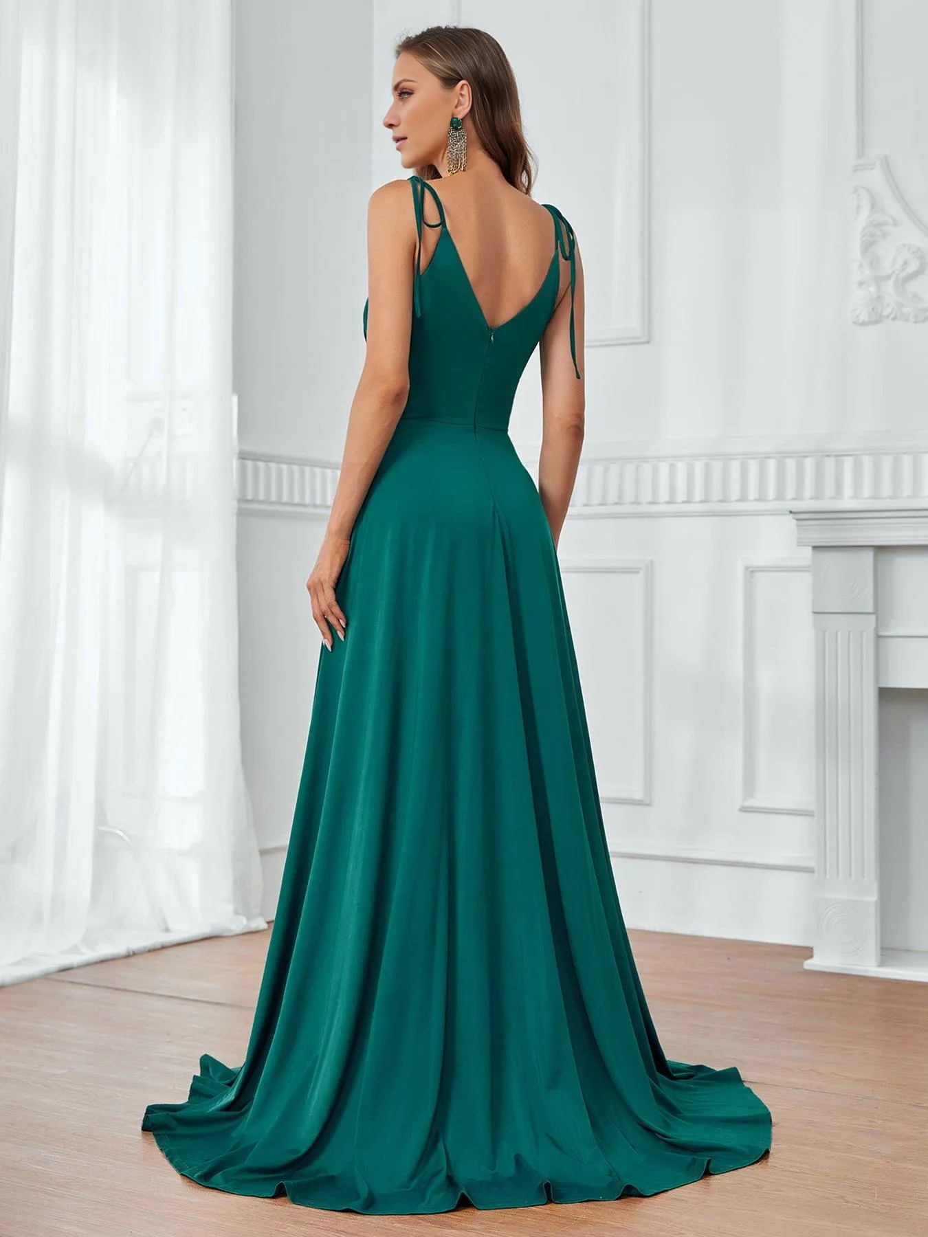 A-line off shoulder collar shoulder strap thin shoulder strap and floor length formal dress