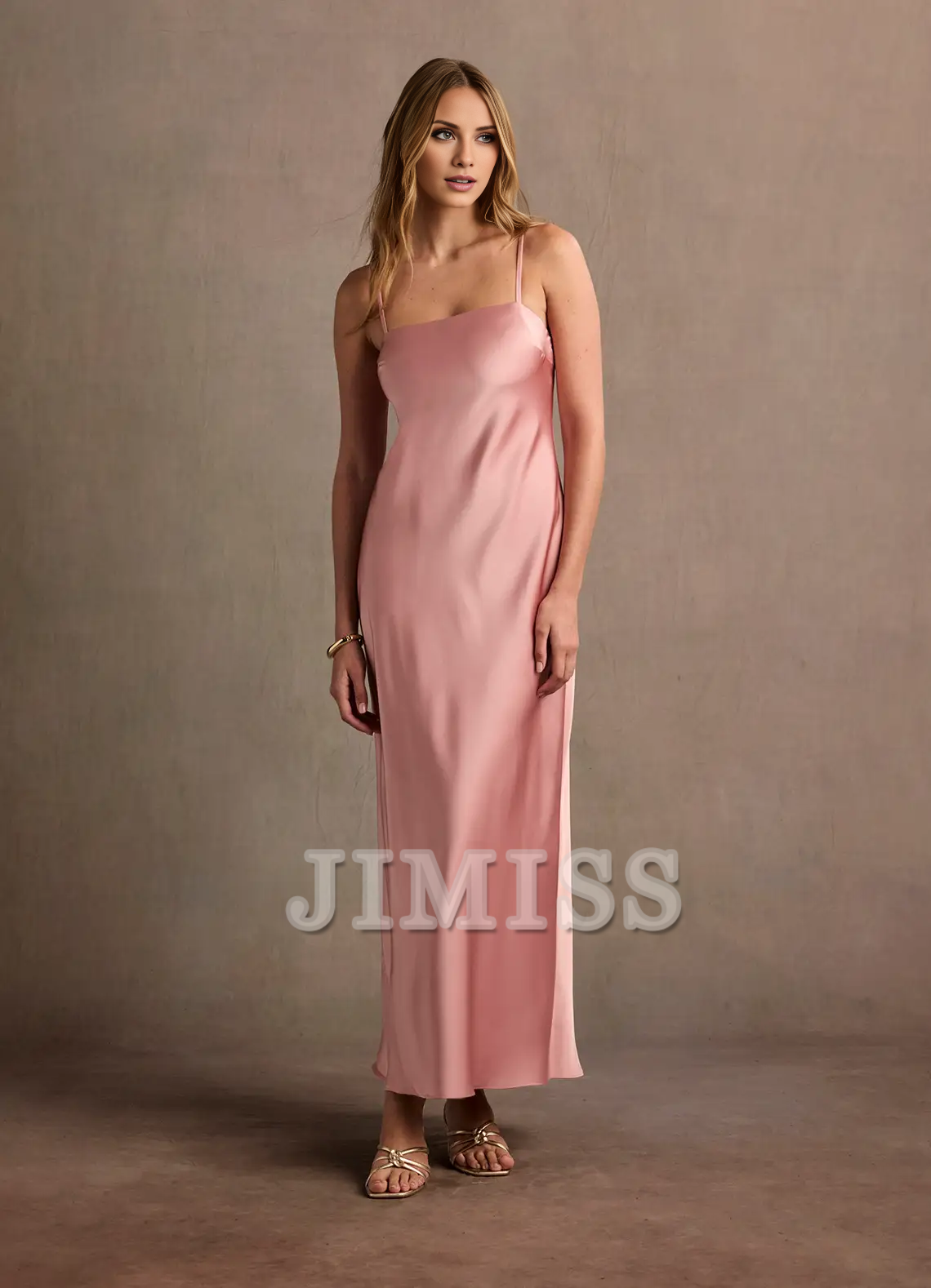 Off shoulder collar thin shoulder strap satin backless long style evening dress