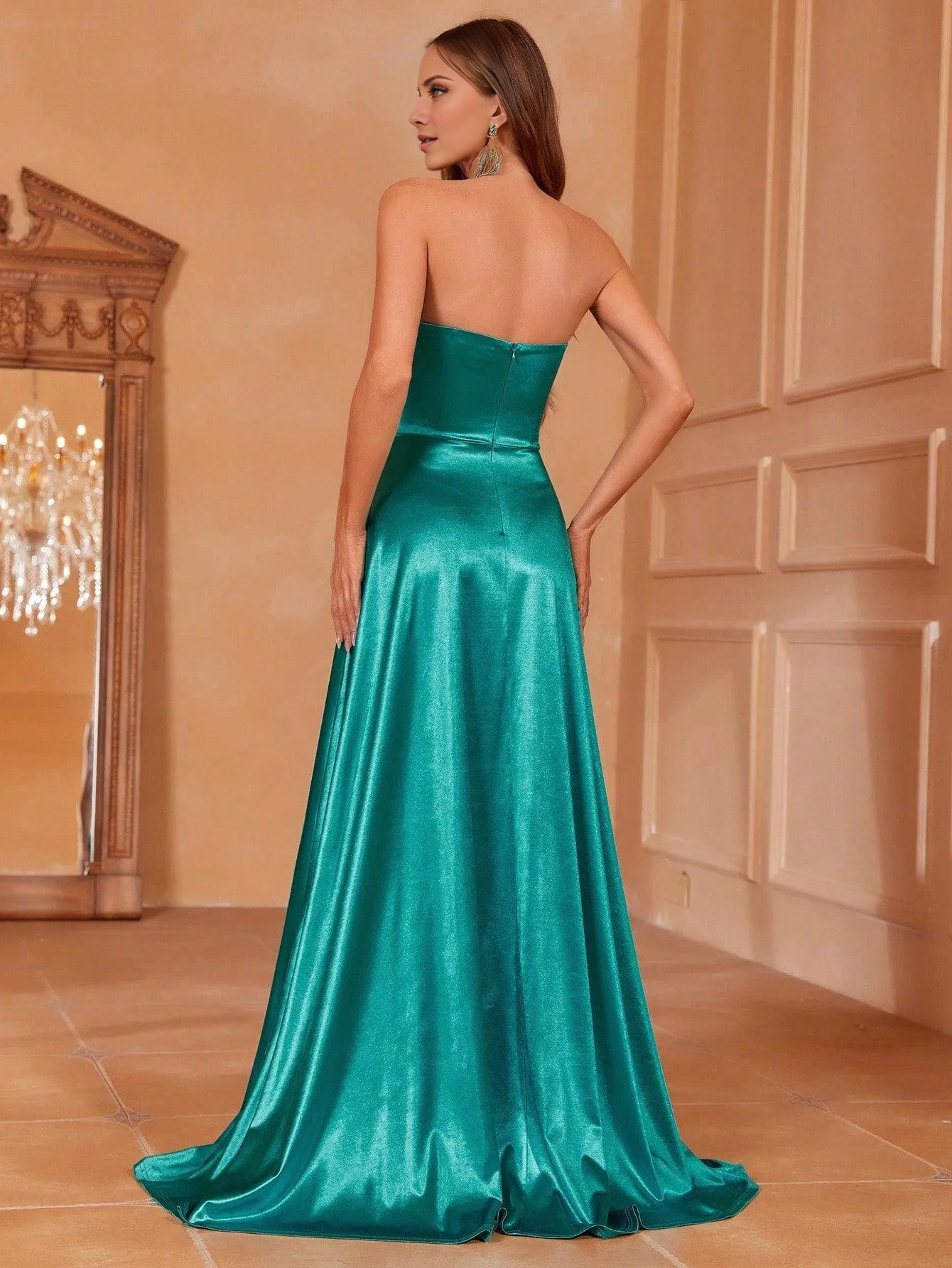 Twisted pleat front slit thigh satin strapless and floor length formal dress