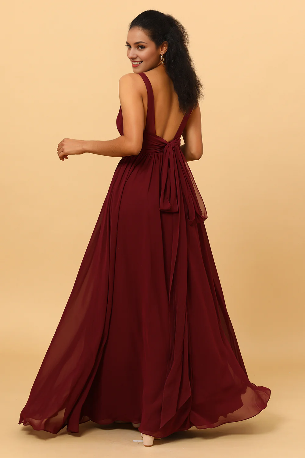 Cabernet A Line V-neck pleated and floor length chiffon bridesmaid dress