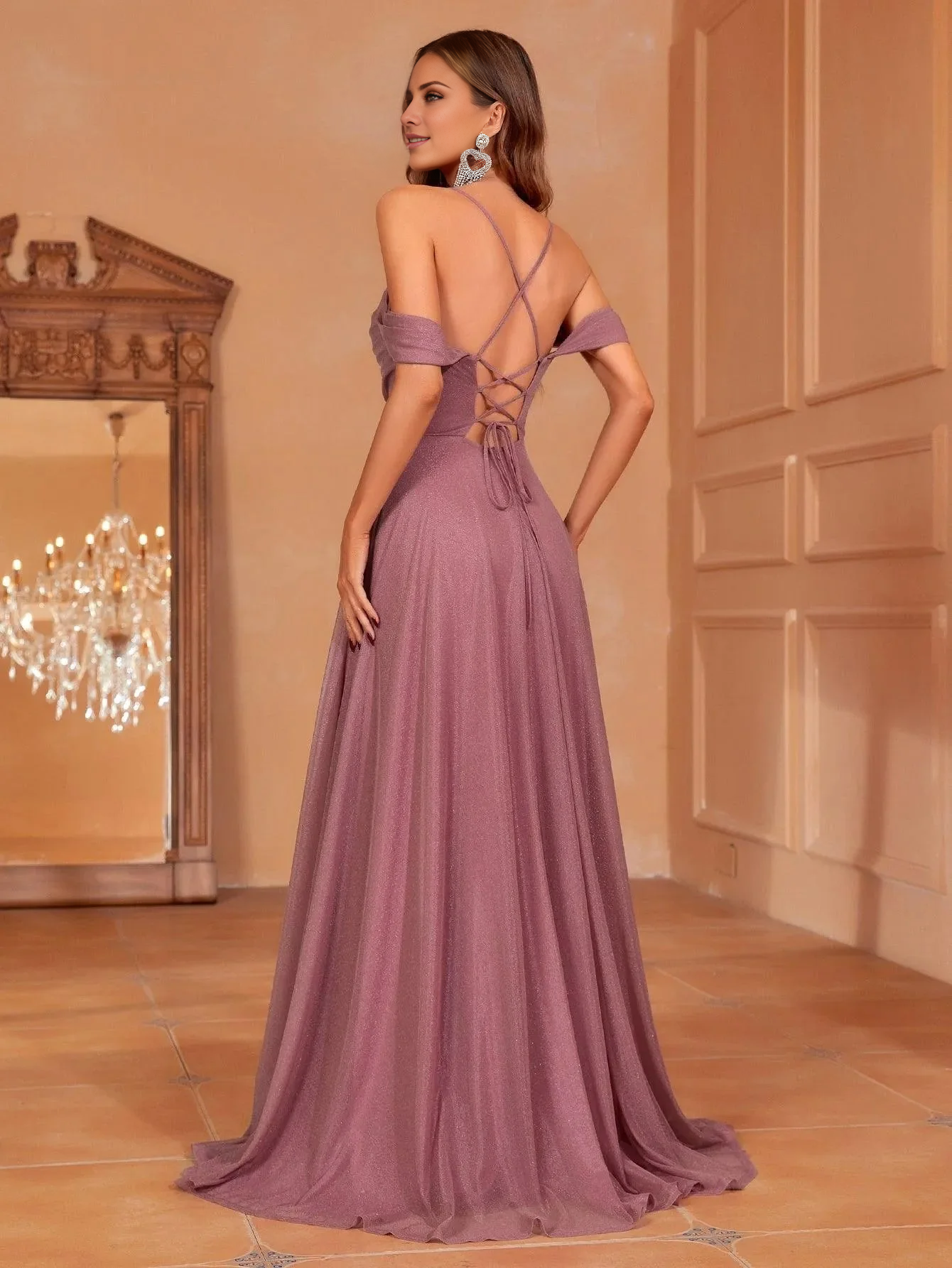 Front pleated lace up thin shoulder strap and floor length formal dress