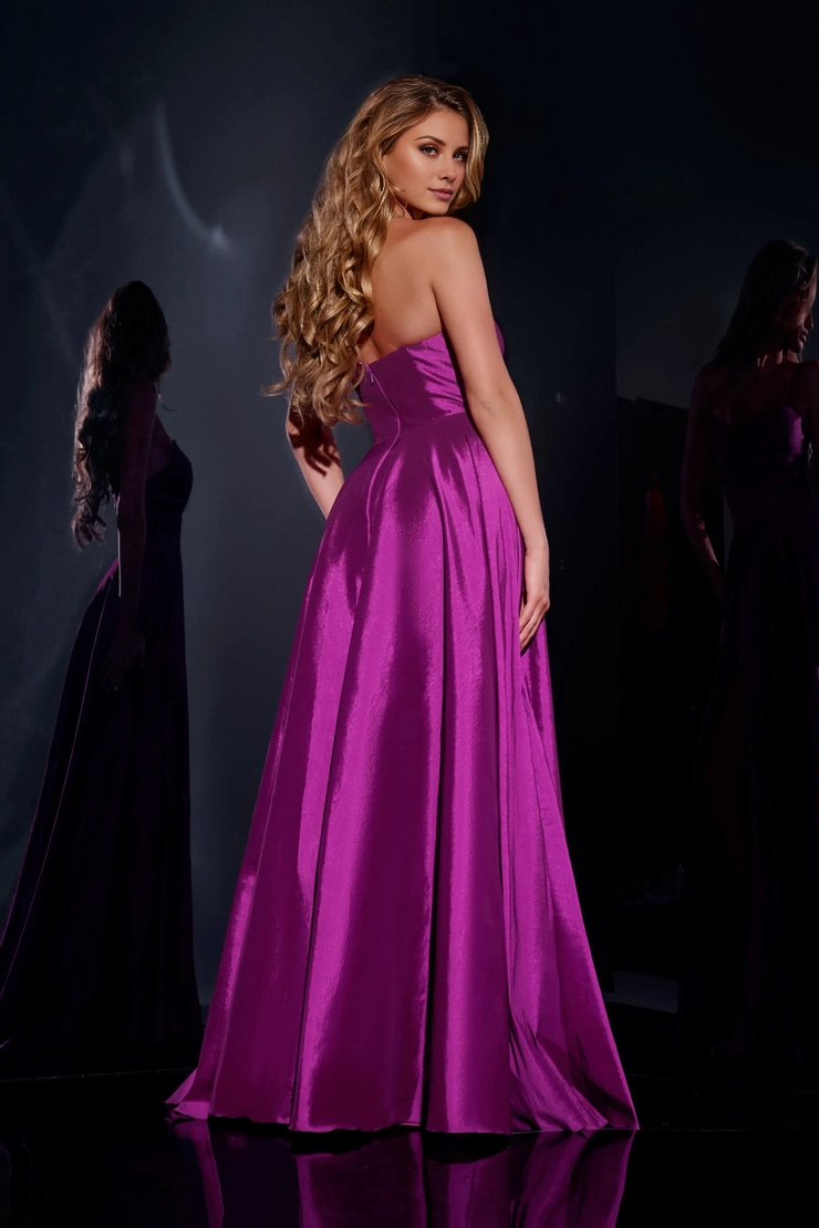 A-line off shoulder satin side slit and floor length evening gown