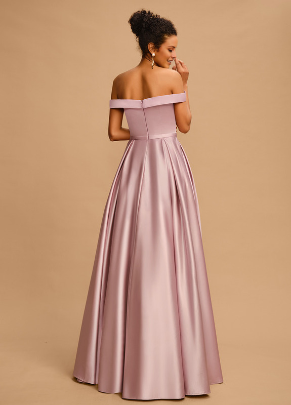 A-line off-the-shoulder floor-length satin prom dress