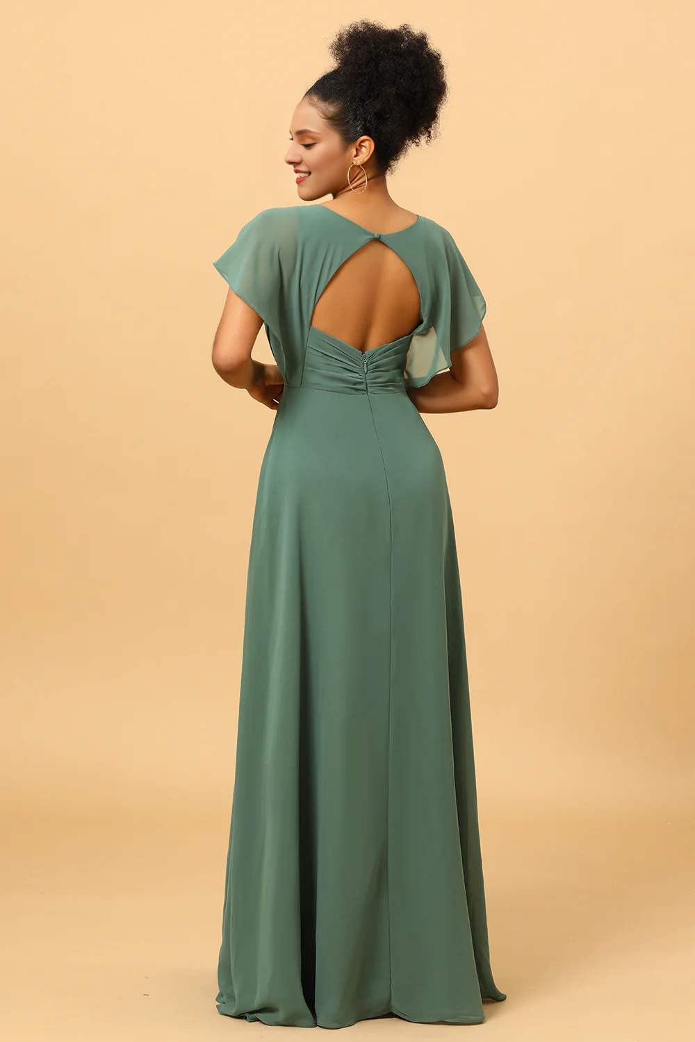 Eucalyptus A-line V-neck pleated long slit chiffon bridesmaid dress