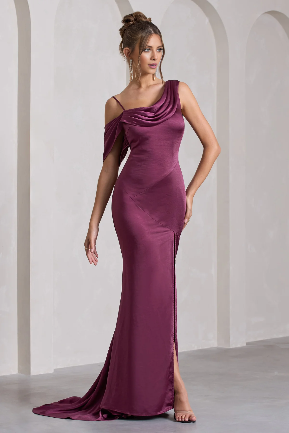 Asymmetric hanging side slit and floor length evening dress - Jimiss Dress