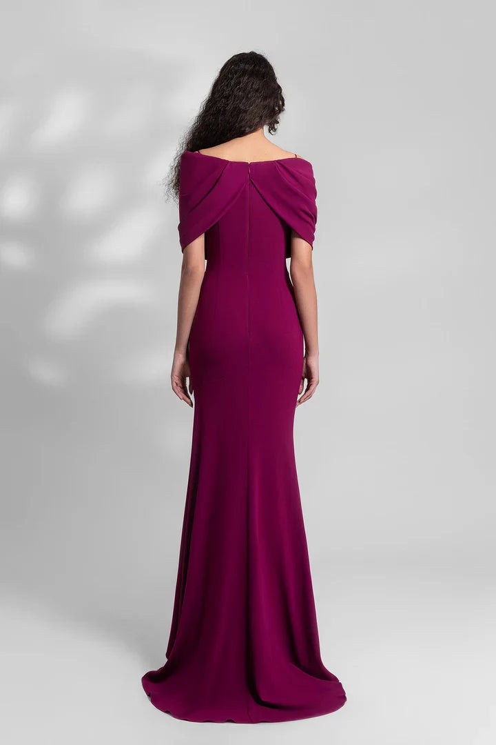 Hanging off shoulder crepe side slits and floor length gowns evening dresses