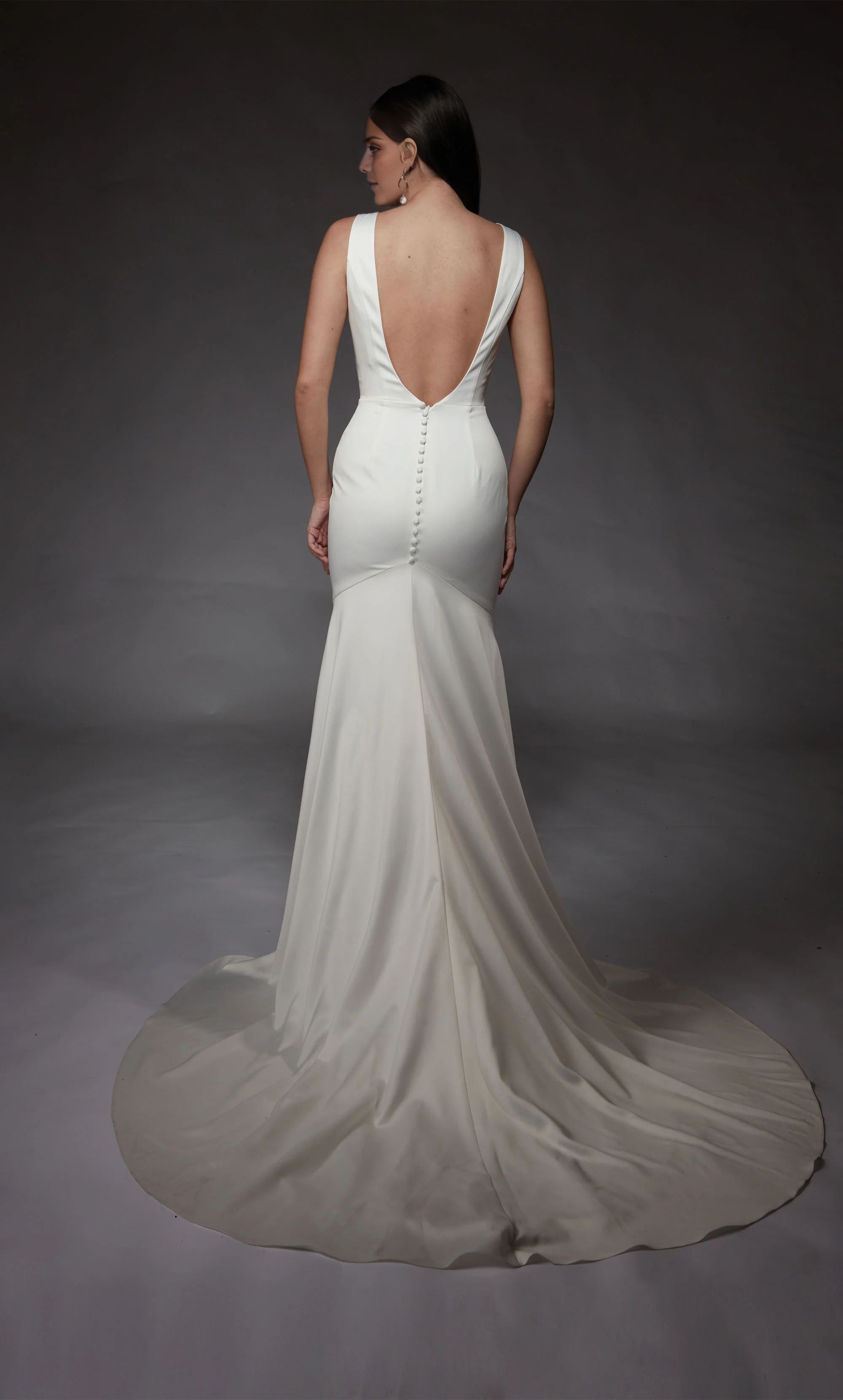 Perfect satin deep V-neck straight tube slit satin button wedding dress