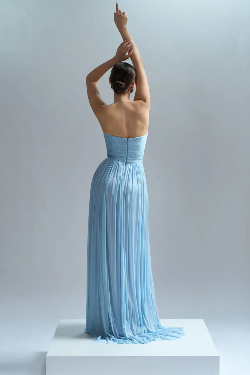 A-line chiffon pleated garment with slit and floor length evening gown