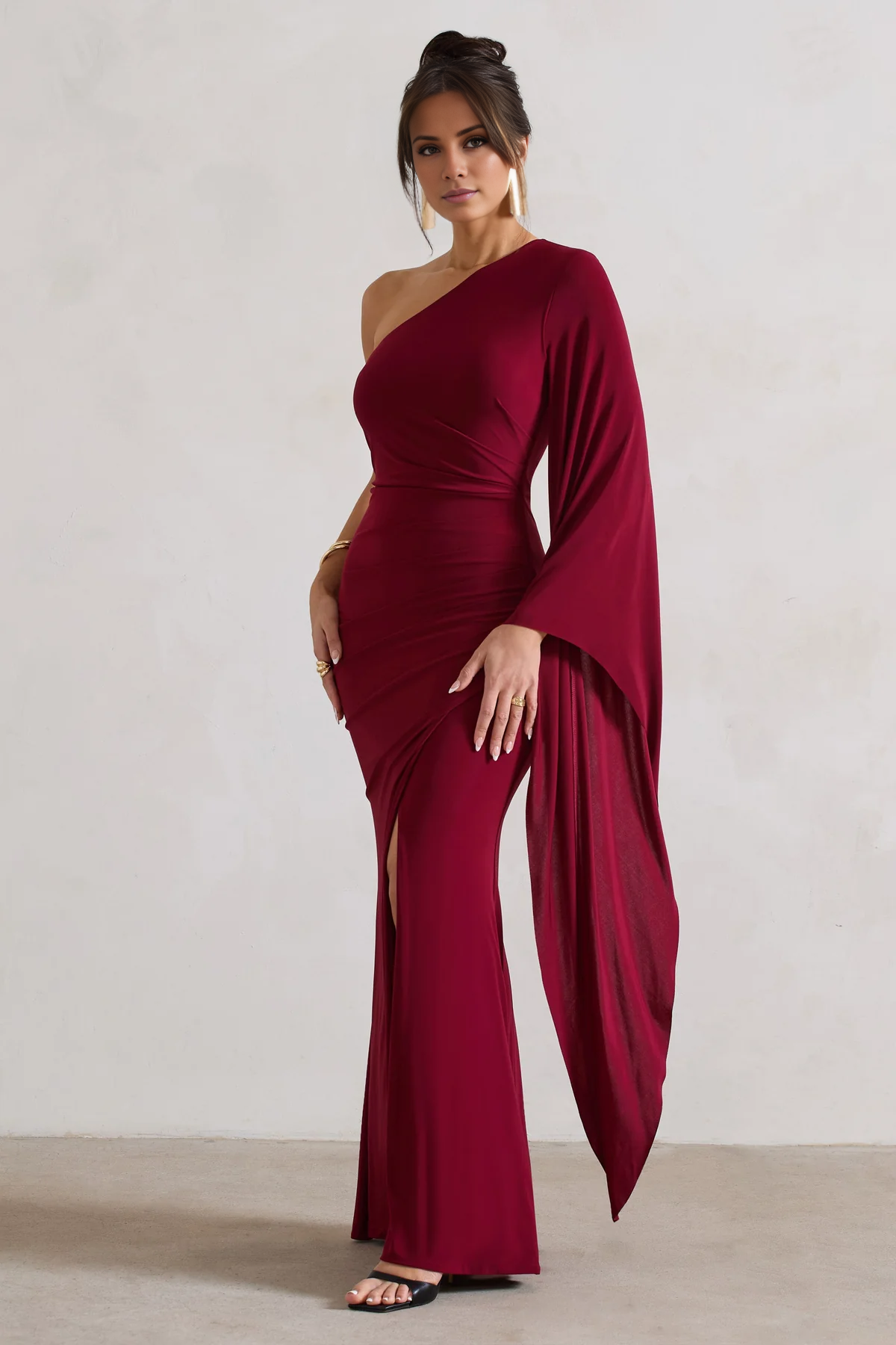 Ruffled One Shoulder Cloak Sleeve and Floor length Evening Dress - Jimiss Dress