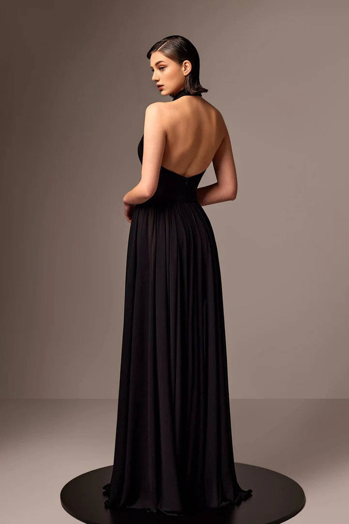 Hanging neck chiffon and floor length gown evening dresses
