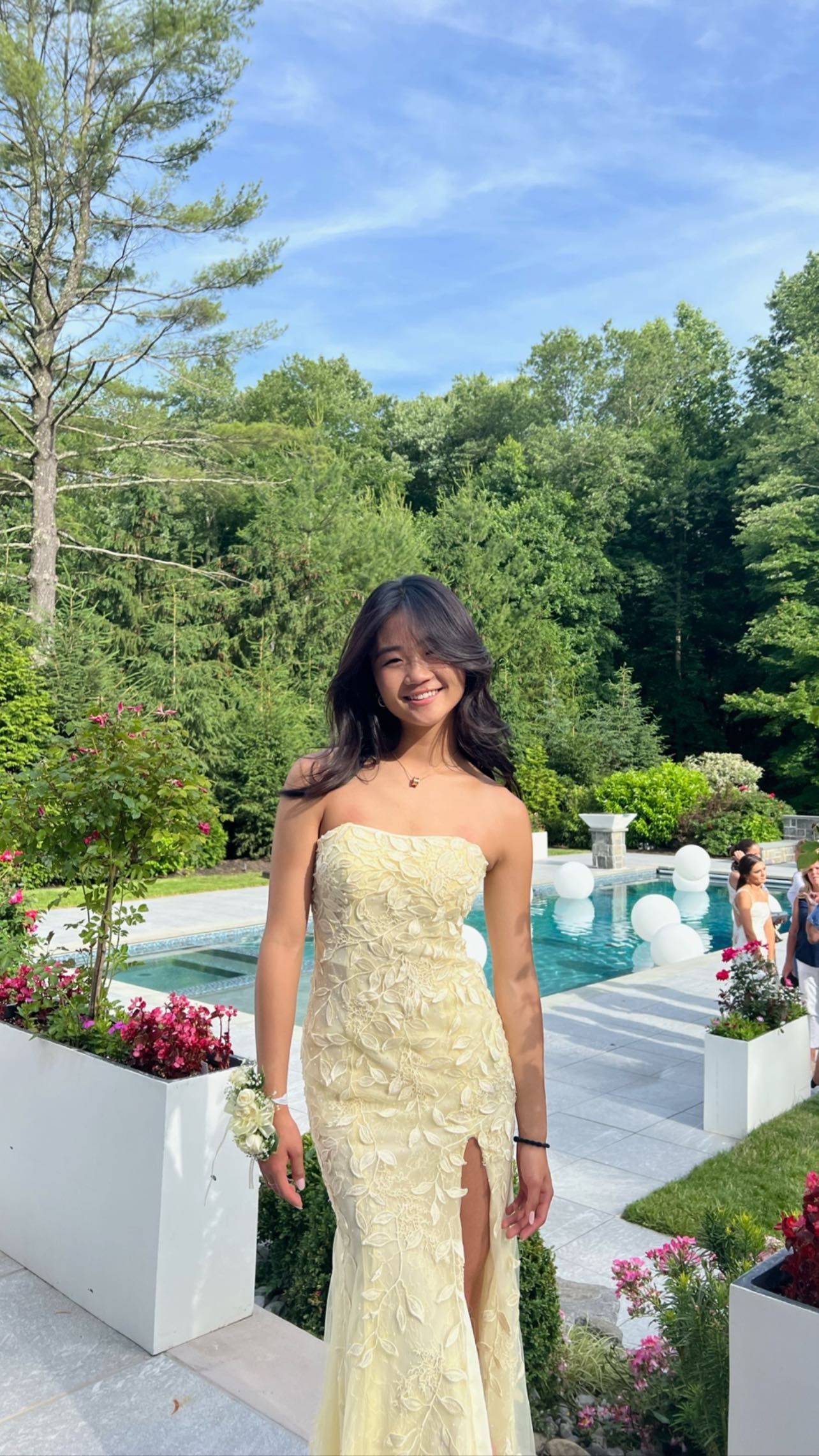 Fancy Lace Long Prom Dress Yellow Strapless Gala Dresses with Slit