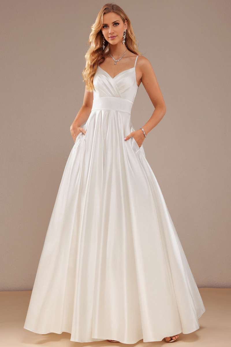 Ball Dress/Princess V-neck Sleeveless Thin Strap Floor Pulling Satin Wedding Dress