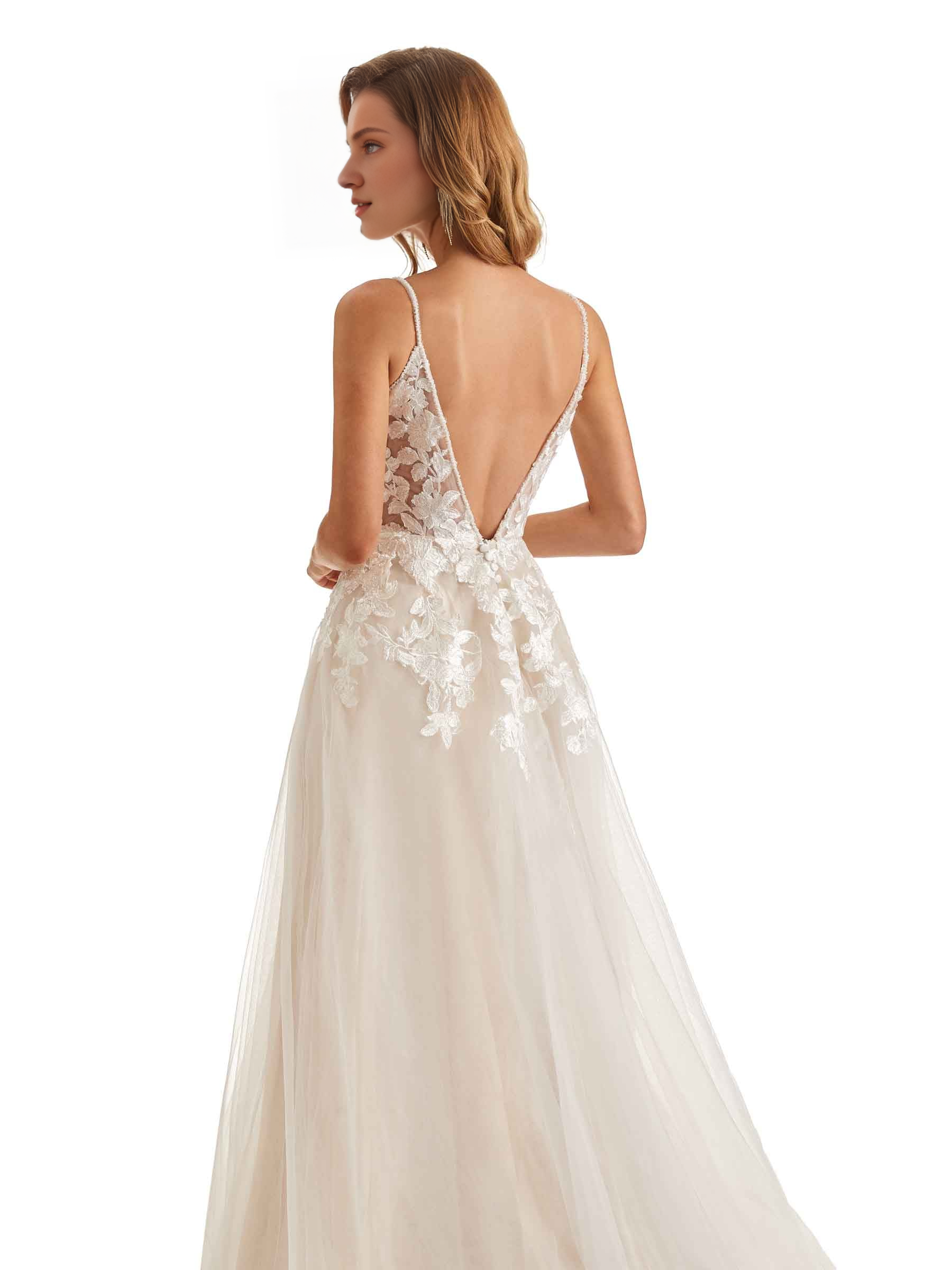 Elegant thin shoulder strap lace decal A-line wedding dress