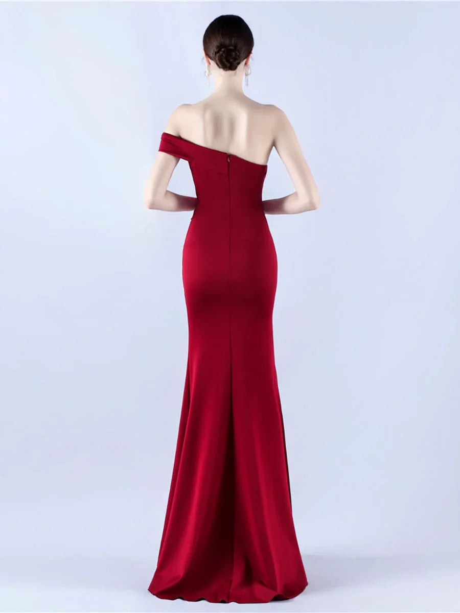 Off shoulder slim shoulder straps with side slits and ground length godons evening dresses