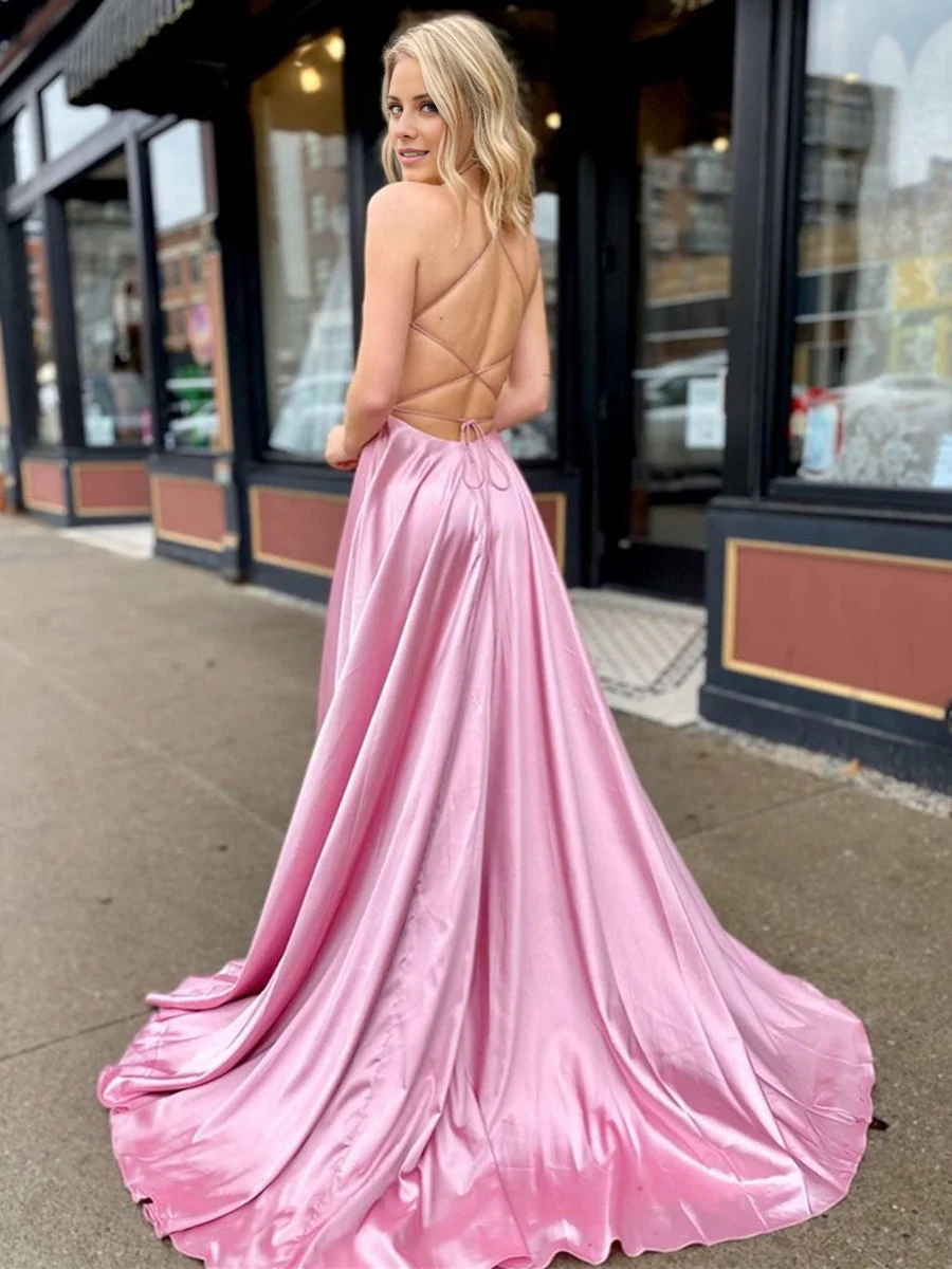 Jimiss A-line V-neck satin long ball gown with high slit backless Prom dress