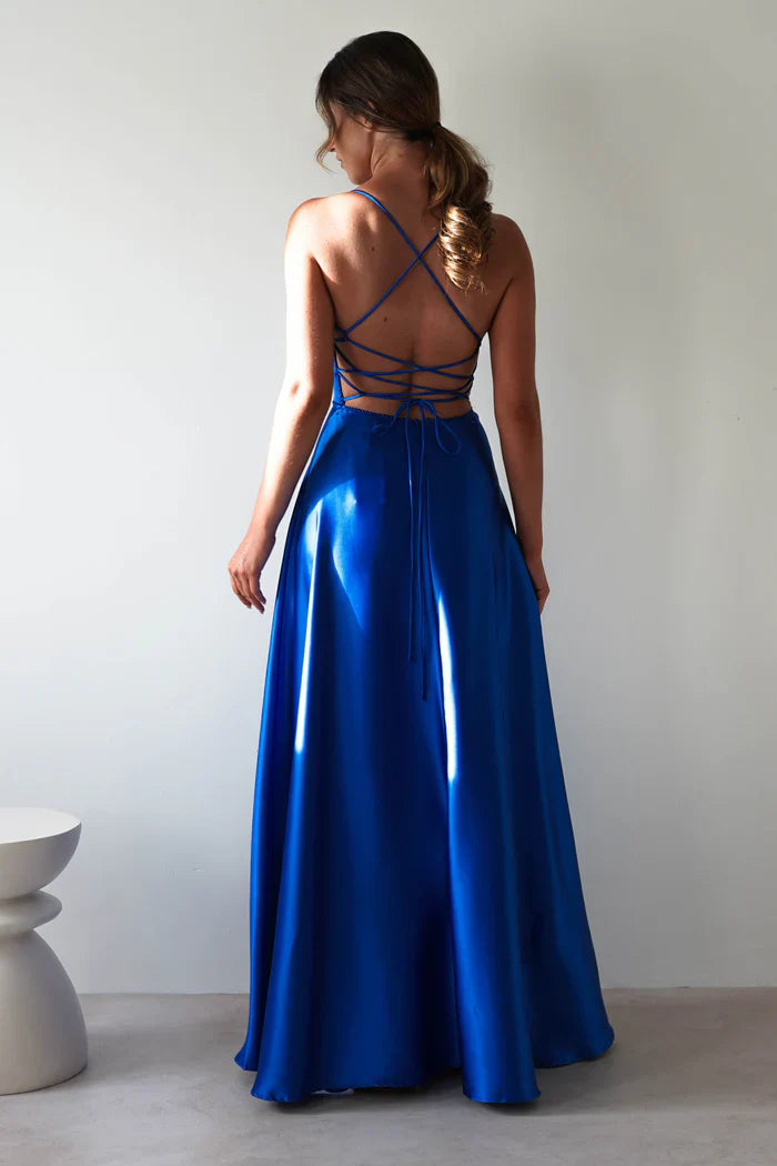 Thin shoulder strap square collar exposed back side slit and floor length Prom Dress - Jimiss Dress