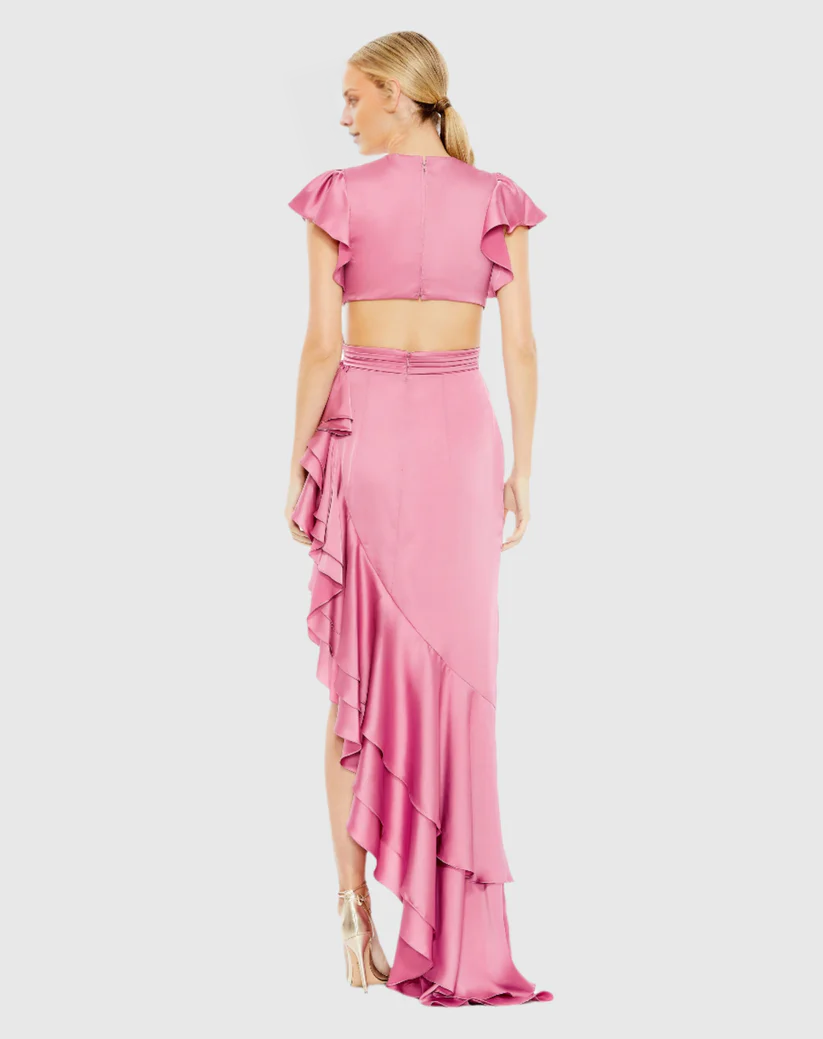 Ruffle sleeves hollow asymmetric ruffled floor-length evening dress