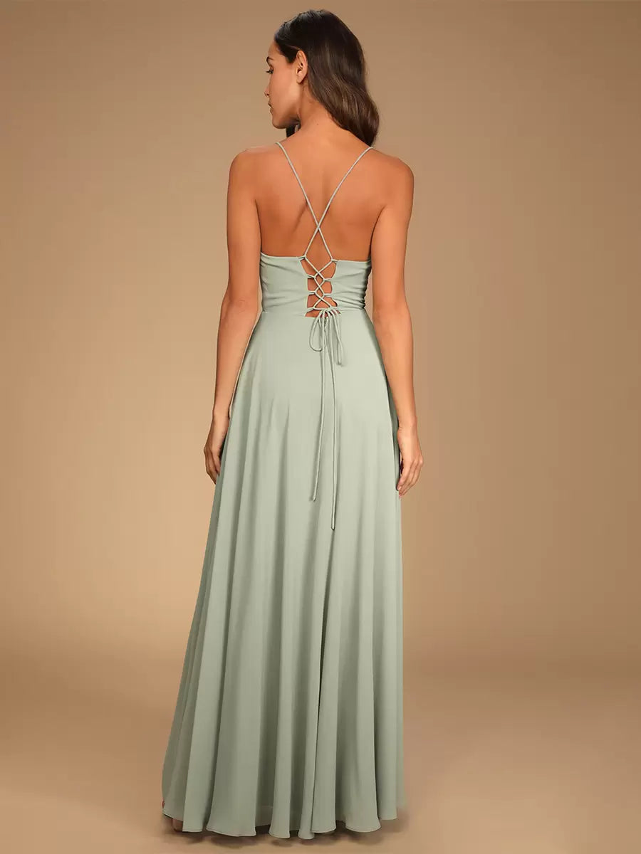 A-Line Spaghetti Straps Chiffon Wedding Party Dress formal dresses evening gown Bridesmaid Dresses With High Slit