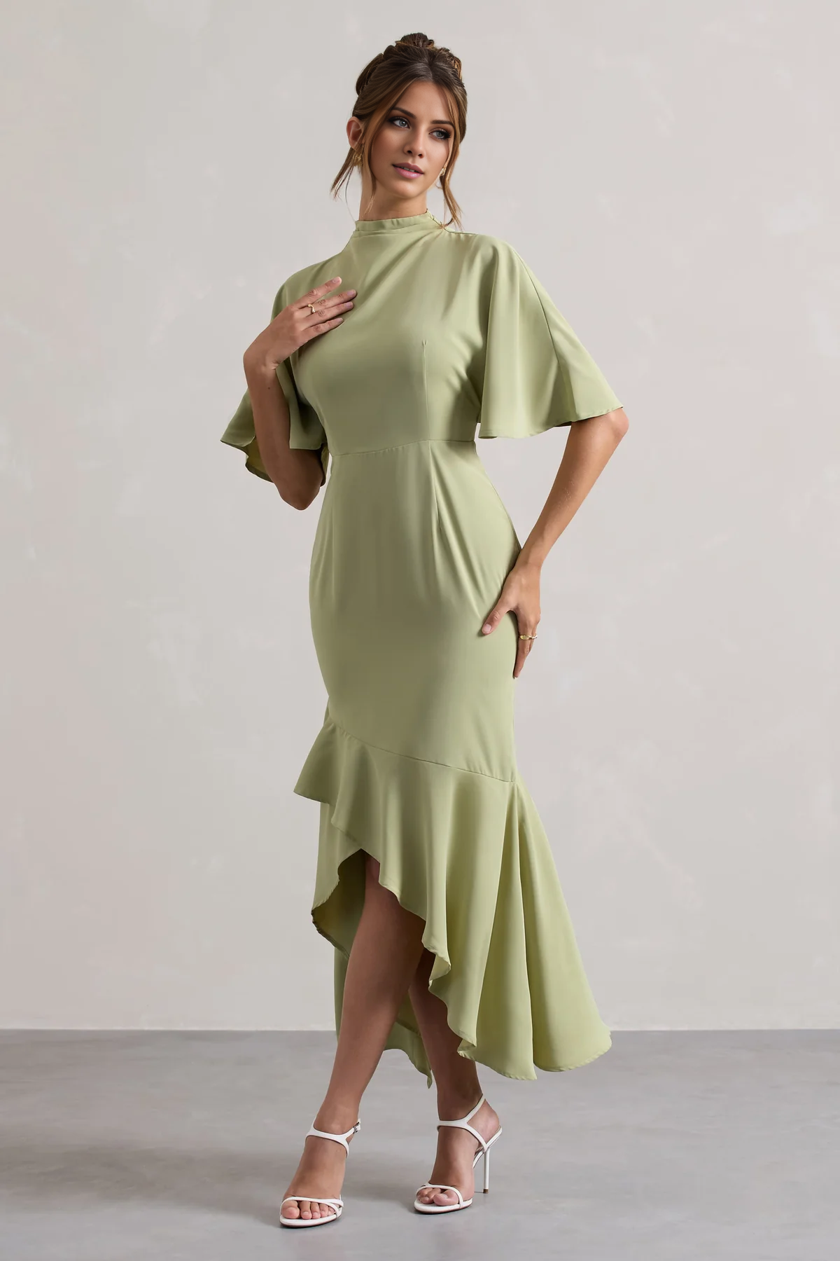 High neck ruffle sleeves asymmetrical hem and floor length evening dress - Jimiss Dress