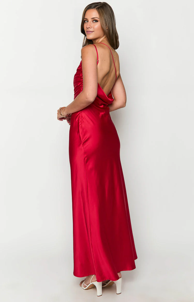 Jimiss asymmetrical neckline backless satin side slit long Prom dress