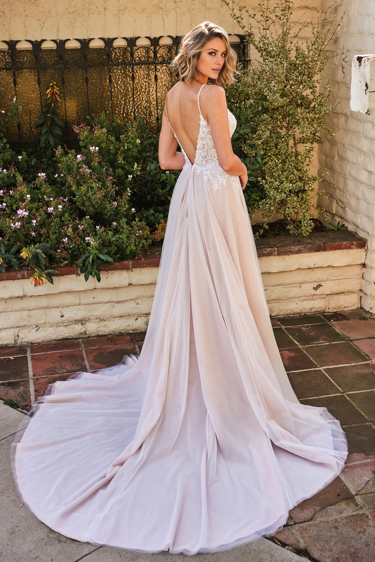 A-line front and back V-neck bead embroidery lace and floor length wedding dress