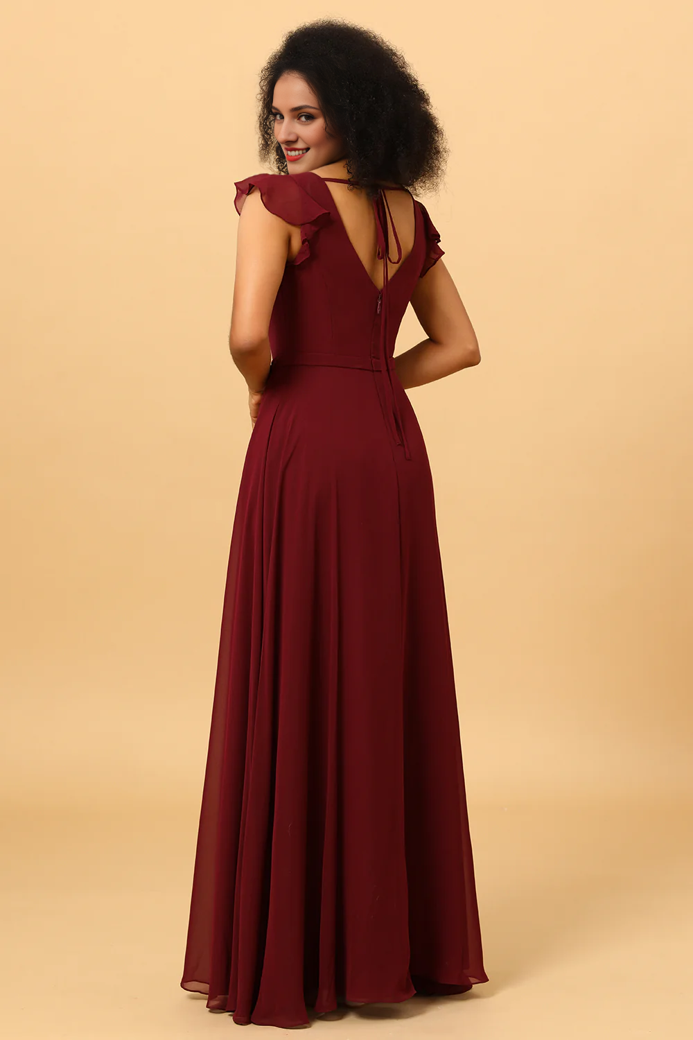 Cabernet A Line V-neck strapless long slit chiffon bridesmaid dress