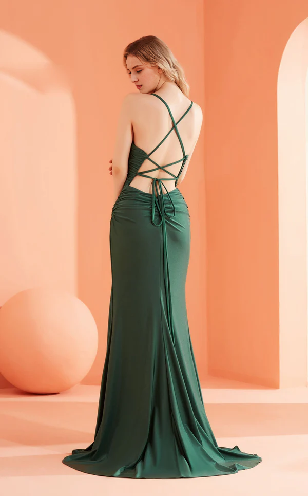 V-neck sleeveless slim shoulder strap with side slits and floor length Prom dress