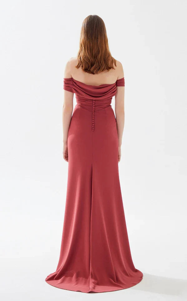 Off shoulder straight neckline tight skirt with high slit and floor length evening dress